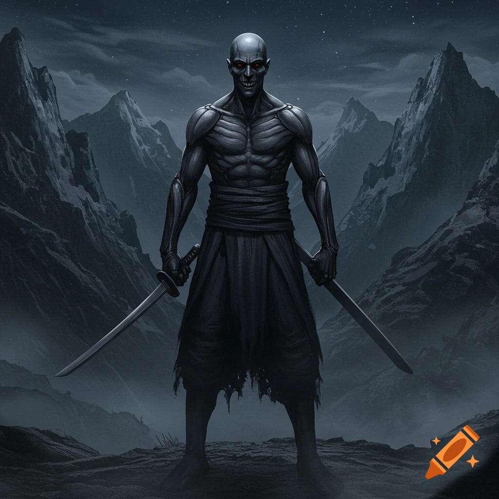 A bald, muscular, dark figure with red glowing eyes and an evil smile holds two katanas in a dark, starry mountain landscape.