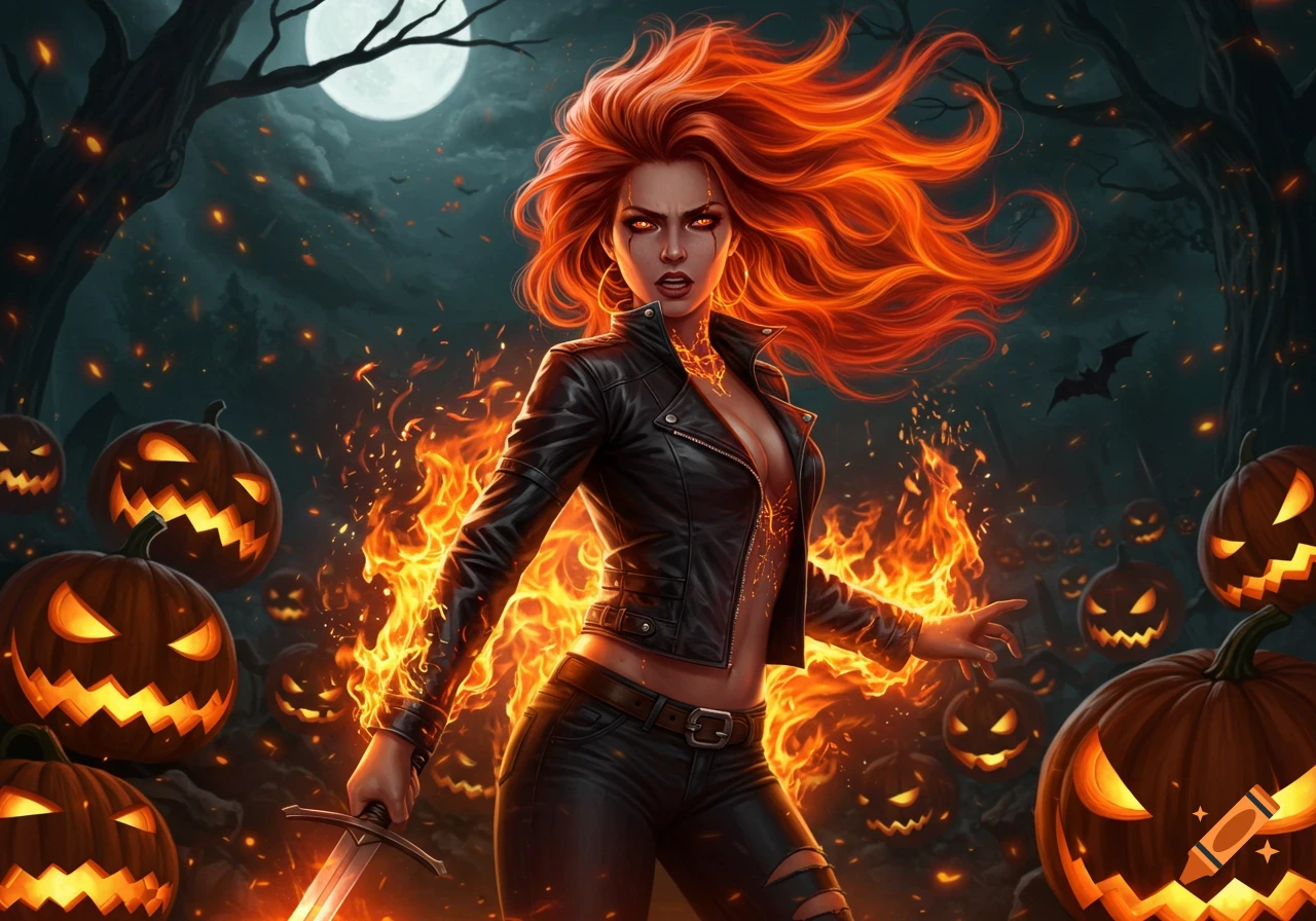 A fierce red-haired woman in a black leather jacket holds a sword amidst fire and glowing jack-o'-lanterns under a full moon.