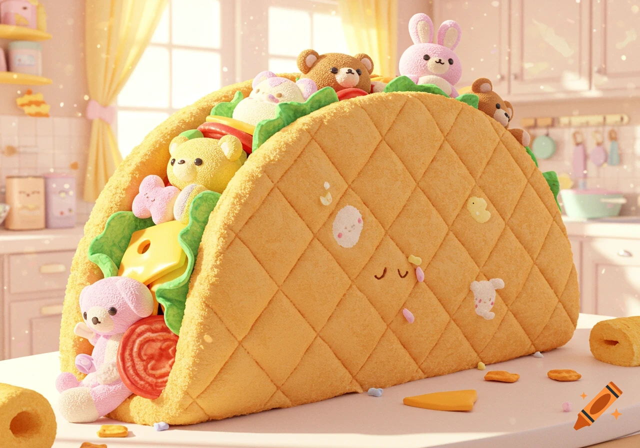 A large, fluffy yellow taco, stuffed with colorful plush bears, bunnies, and other cute toys, sits on a kitchen counter.