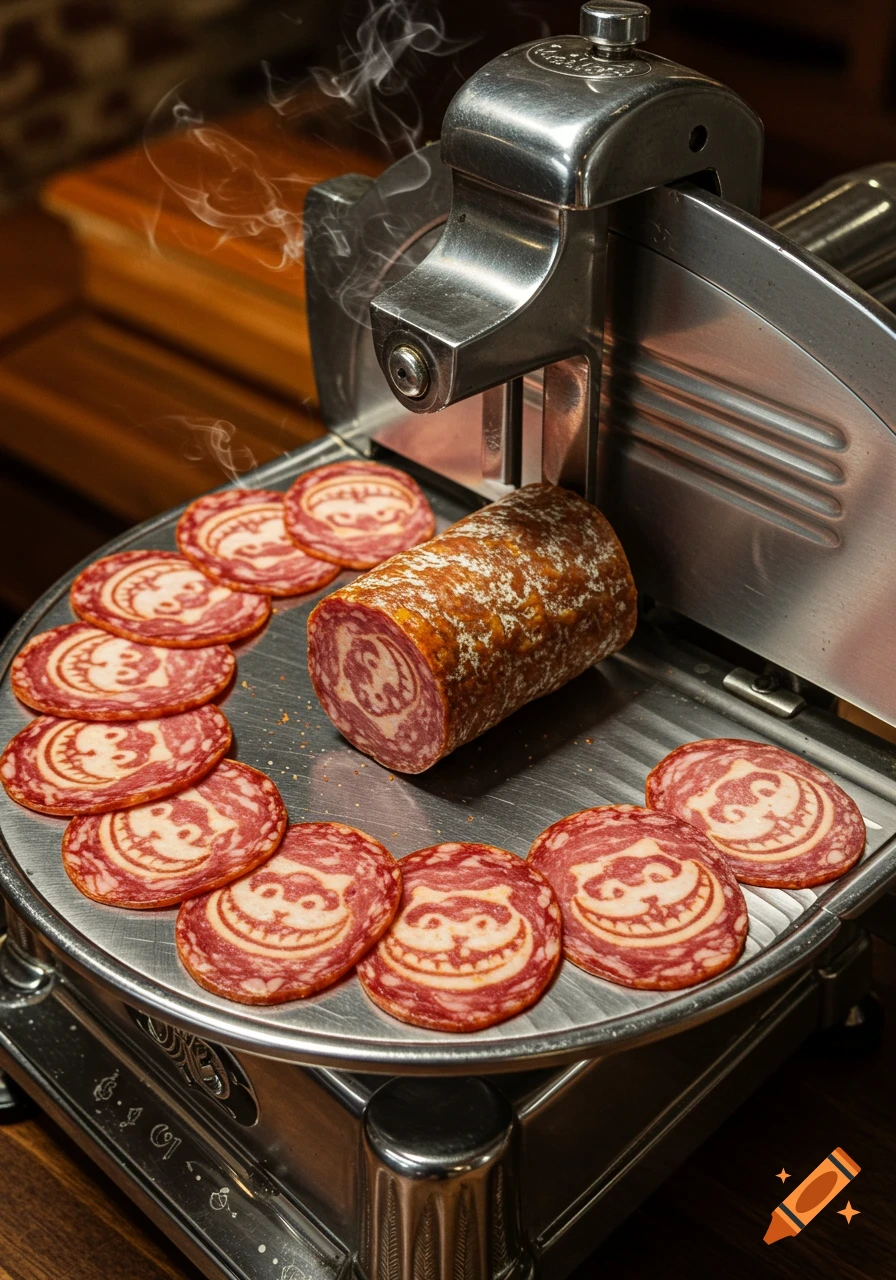 A salami slicing machine with a salami log and slices, each slice featuring a Cheshire Cat outline.