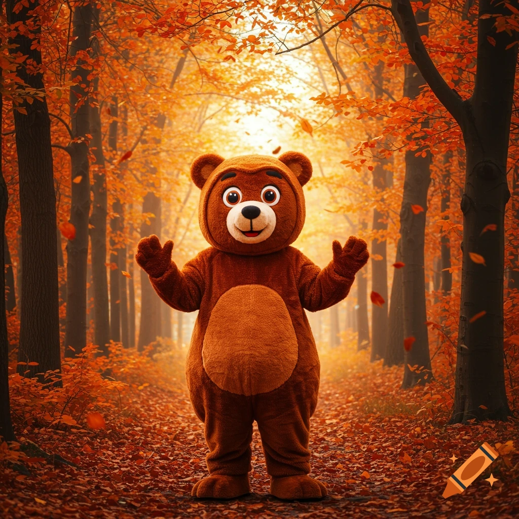 A friendly brown bear mascot stands in an autumn forest with vibrant orange and red leaves on the trees and ground.