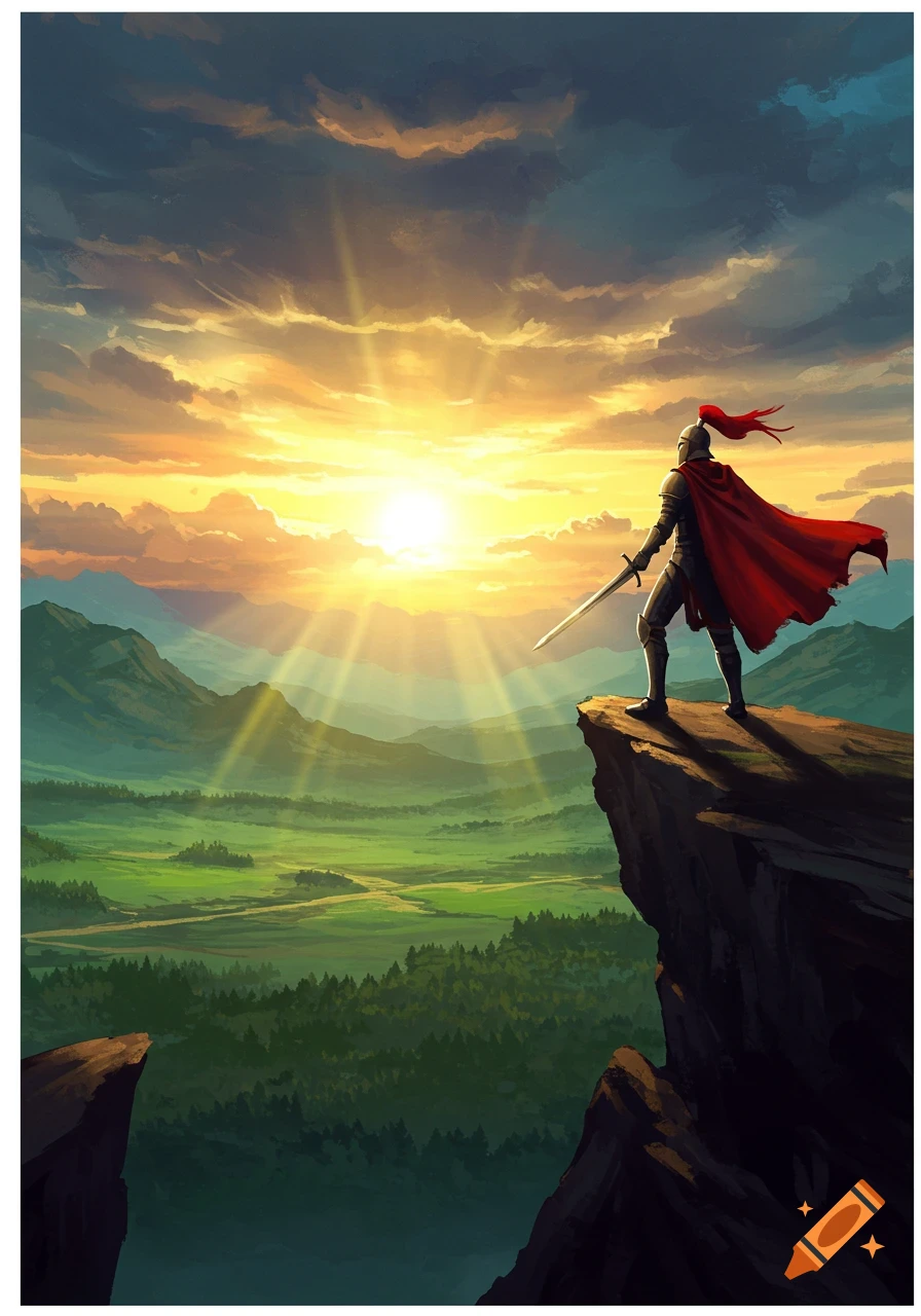 A knight in full armor and a flowing red cape stands atop a cliff, sword in hand, overlooking a lush green valley at sunset.