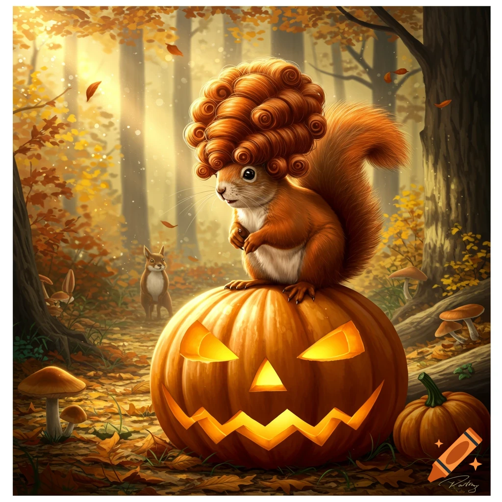 A cute squirrel with a curly hairdo sits on a carved jack-o'-lantern in an enchanted autumn forest.