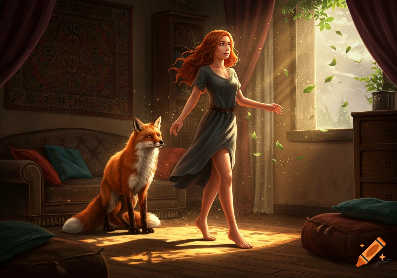 A red-haired woman walks barefoot in a sunlit room with a fox sitting nearby, leaves and dust particles float in the air.