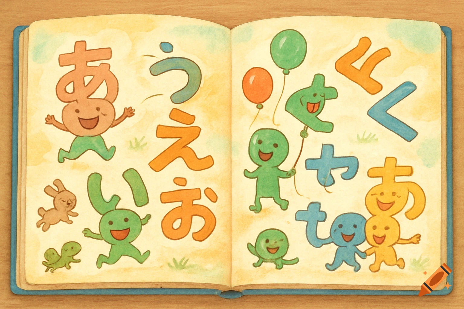 Watercolor illustration of an open children's book displaying cheerful, personified Japanese hiragana characters and small animals.