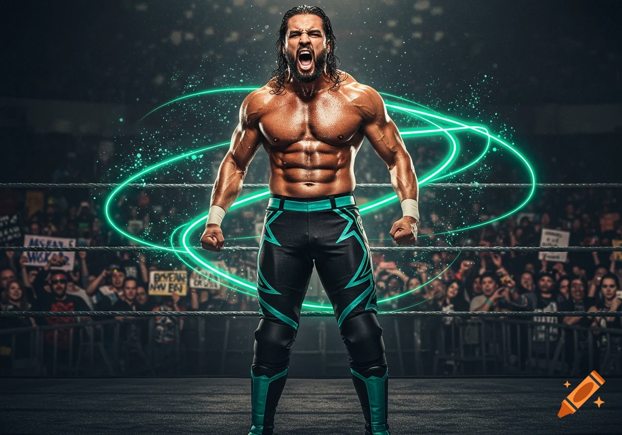 A muscular male pro wrestler in black and teal tights screams in a wrestling ring, surrounded by glowing green light.