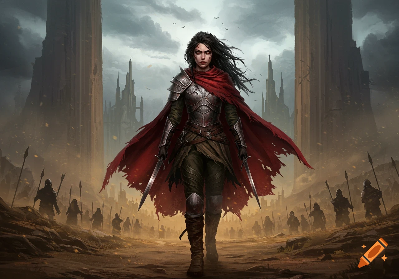 A female warrior in armor and a red cape holds daggers, walking toward a dark, imposing kingdom with an army of shadowy figures.
