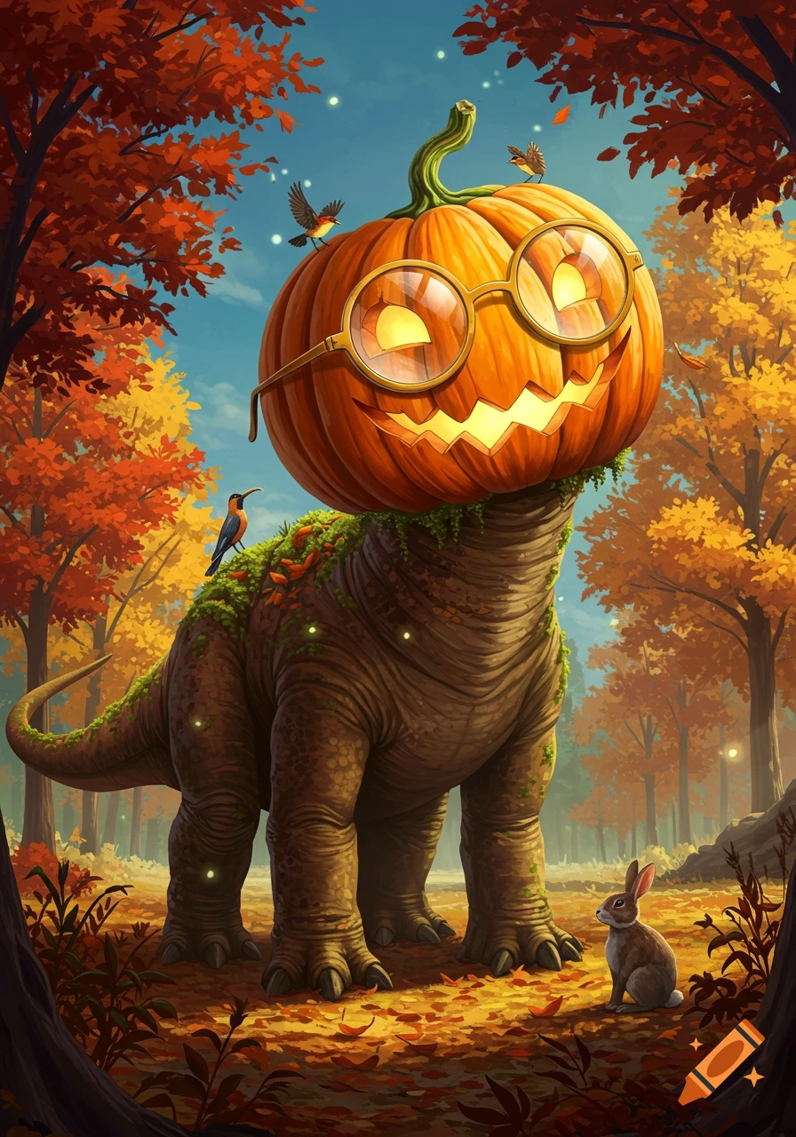 A whimsical dinosaur with a jack-o'-lantern pumpkin head and glasses stands in a vibrant autumn forest with birds and a rabbit.