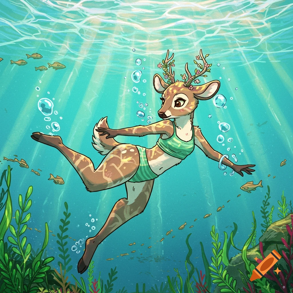 A cartoon anthropomorphic female deer with flower-adorned antlers swims in a teal underwater scene with fish and plants.