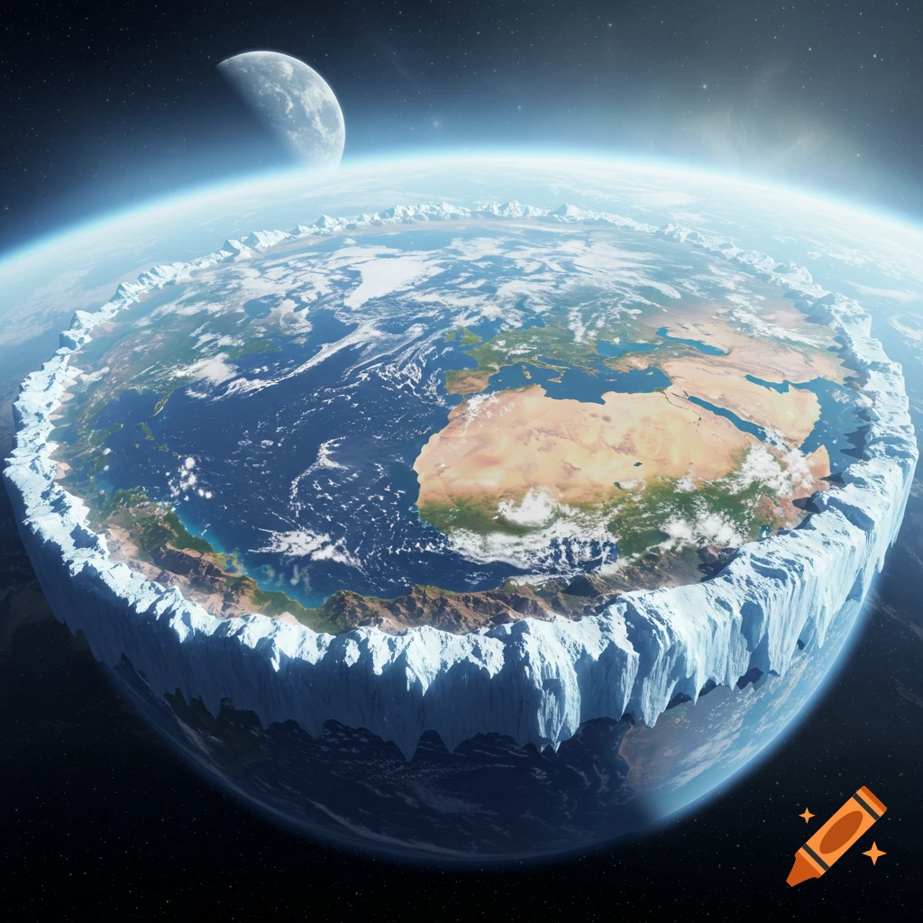 A detailed depiction of a flat Earth with continents, surrounded by a massive ice wall, set in space with a moon and stars.