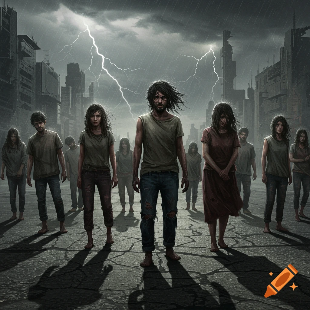 Distressed, disheveled people stand barefoot on a cracked street in a ruined city under a stormy sky with lightning, in a dark, gritty illustration.