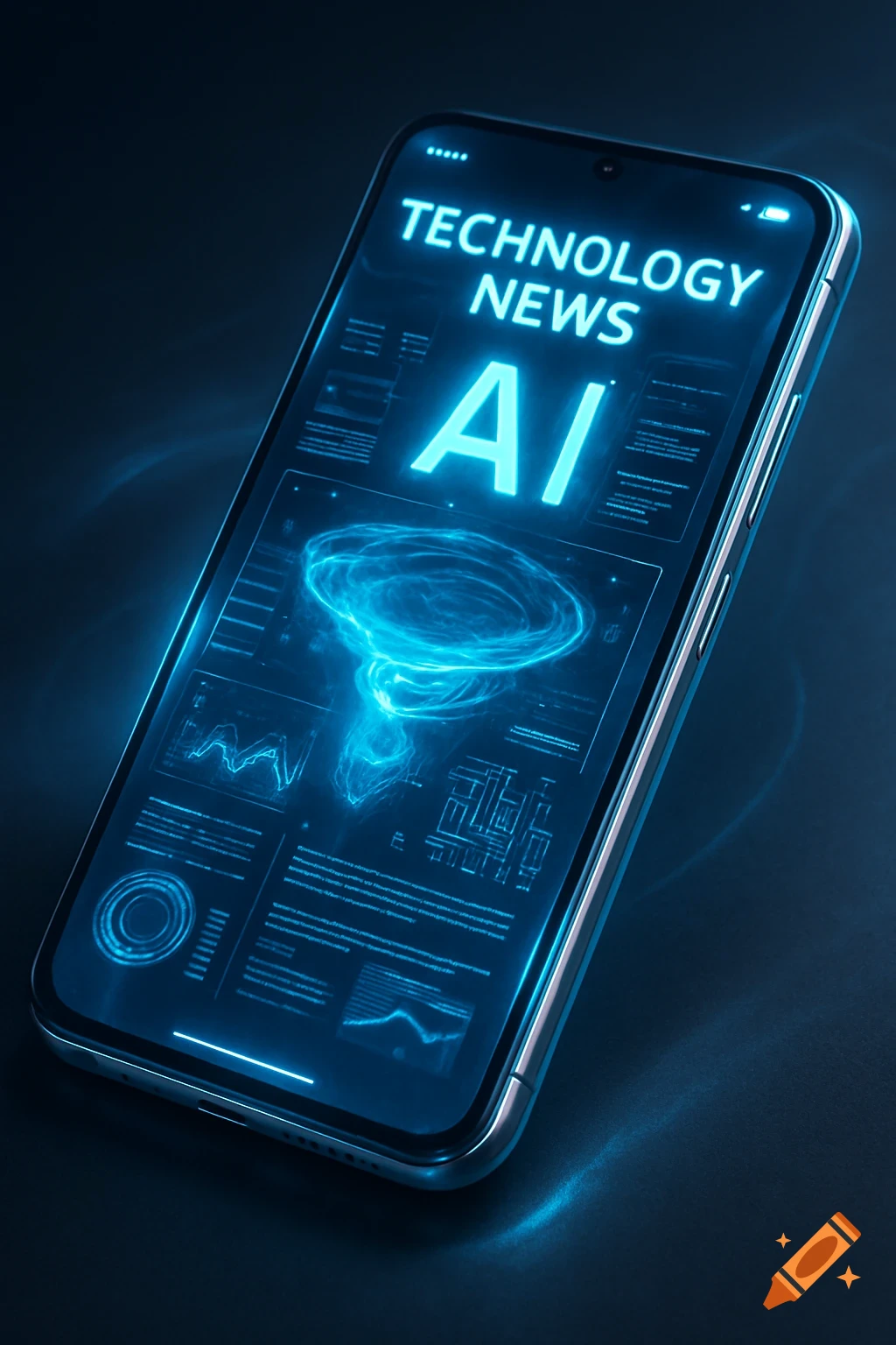Sleek smartphone with a glowing blue holographic screen displaying 'TECHNOLOGY NEWS AI' and abstract digital data against a dark background.