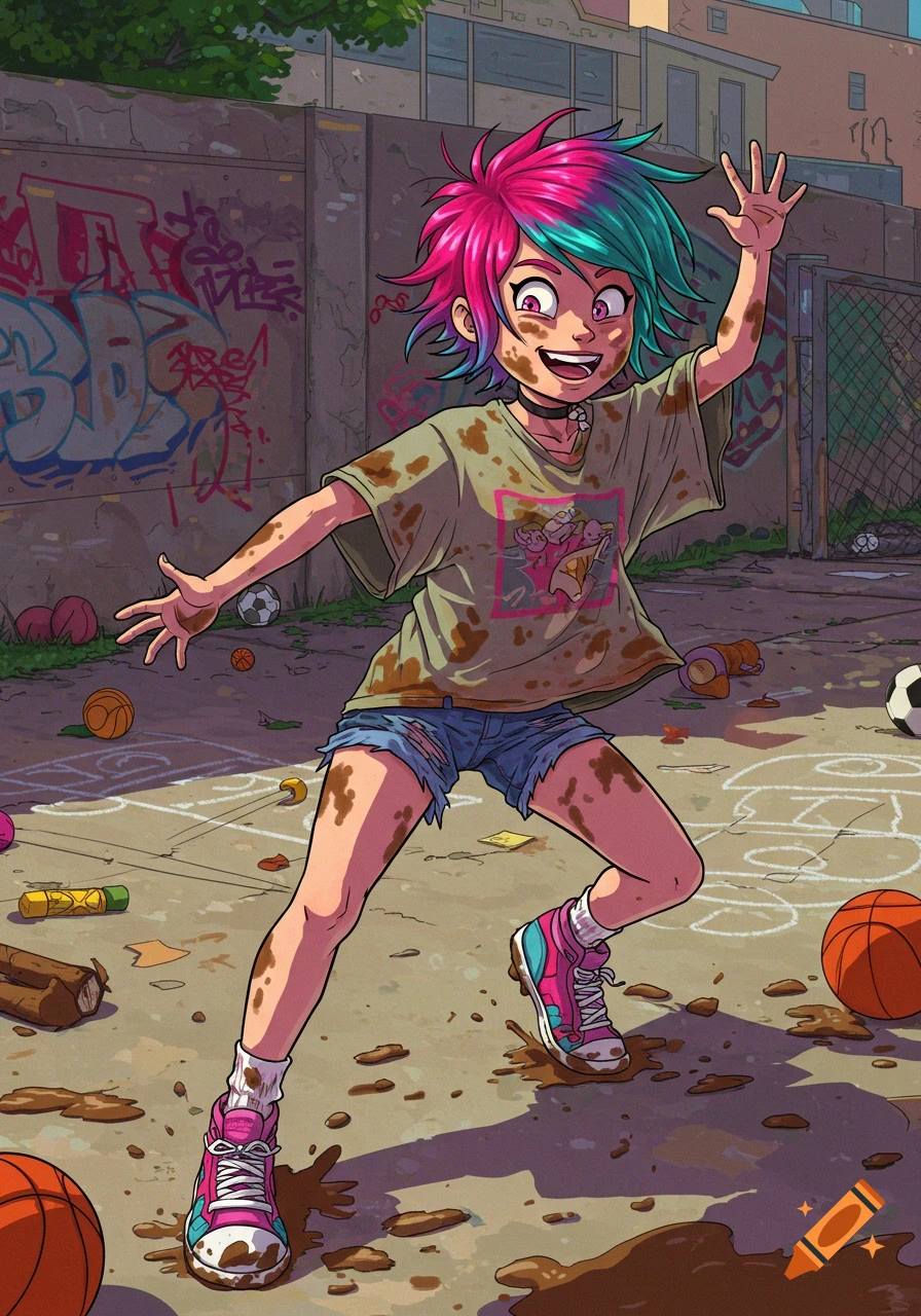 A smiling, energetic cartoon kid with pink and blue hair, covered in mud, plays outdoors in an urban setting with graffiti walls and scattered balls.
