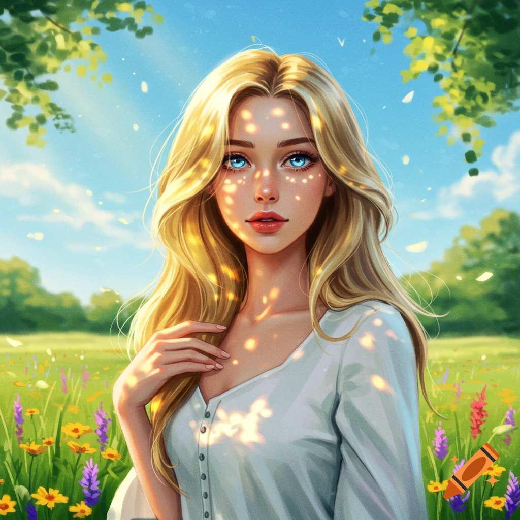 A blonde woman with blue eyes in a sun-dappled flower field, in a stylized fantasy art style.