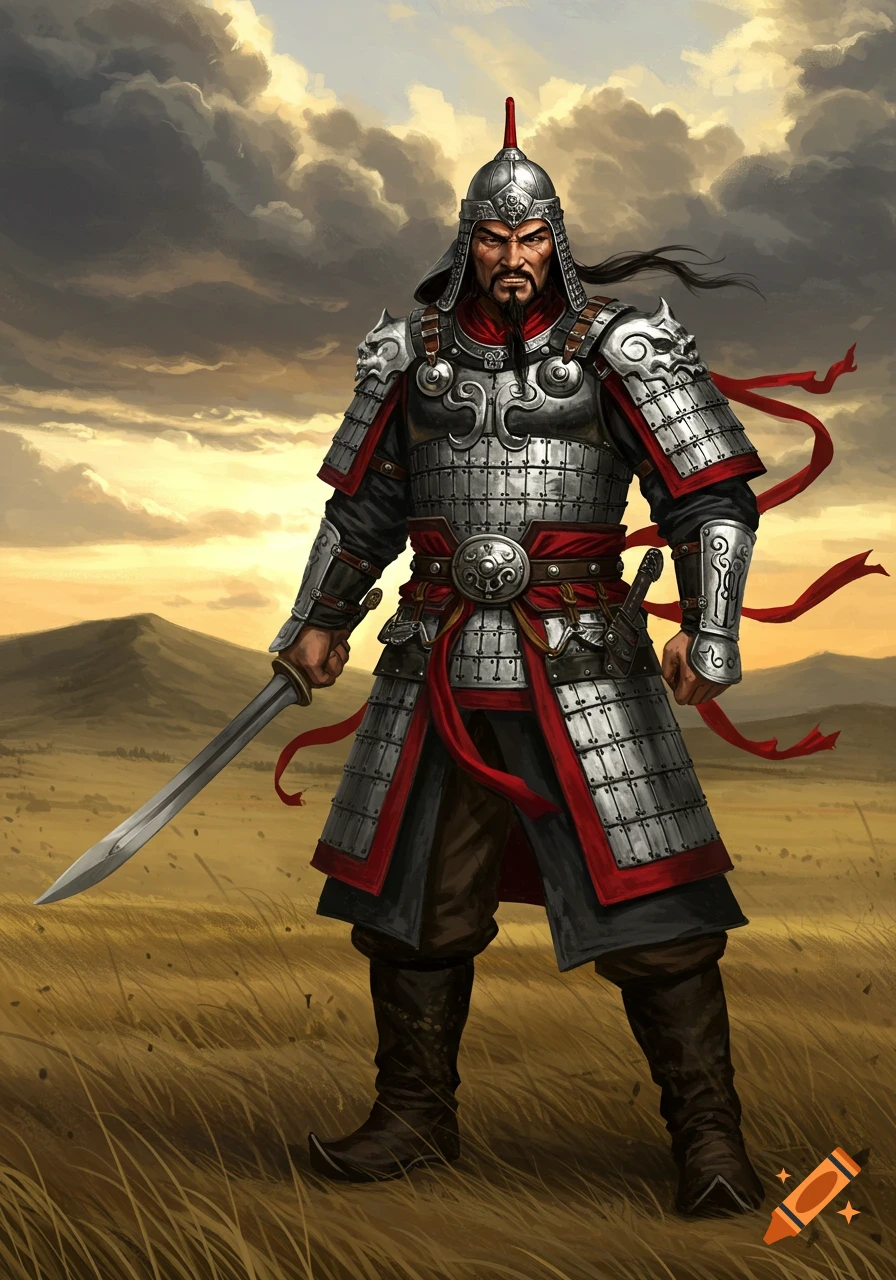 An illustrated Mongolian warrior in ornate silver and red armor stands with a sword in a grassy field under a dramatic sky.