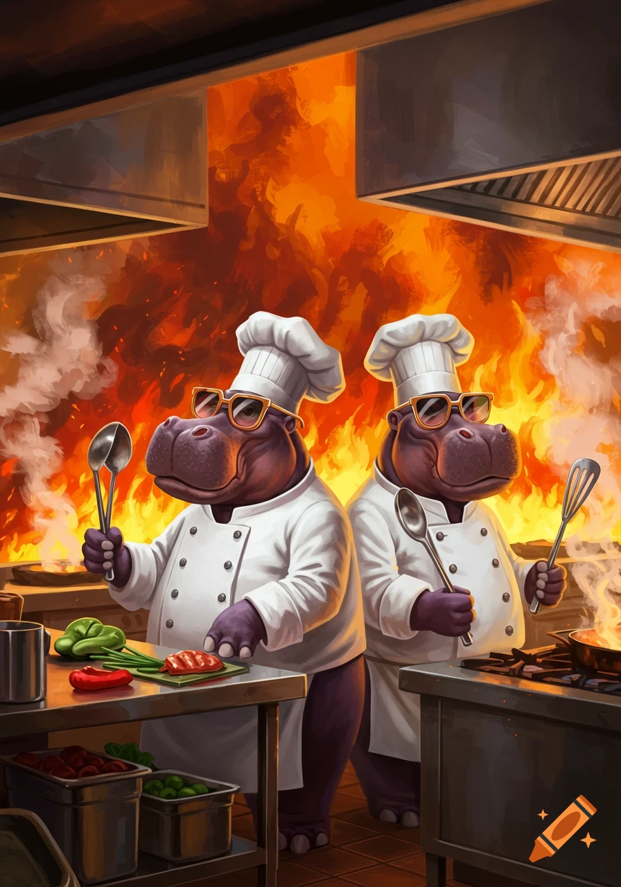 Two cartoon chef hippos wearing sunglasses in a fiery kitchen, holding cooking utensils.
