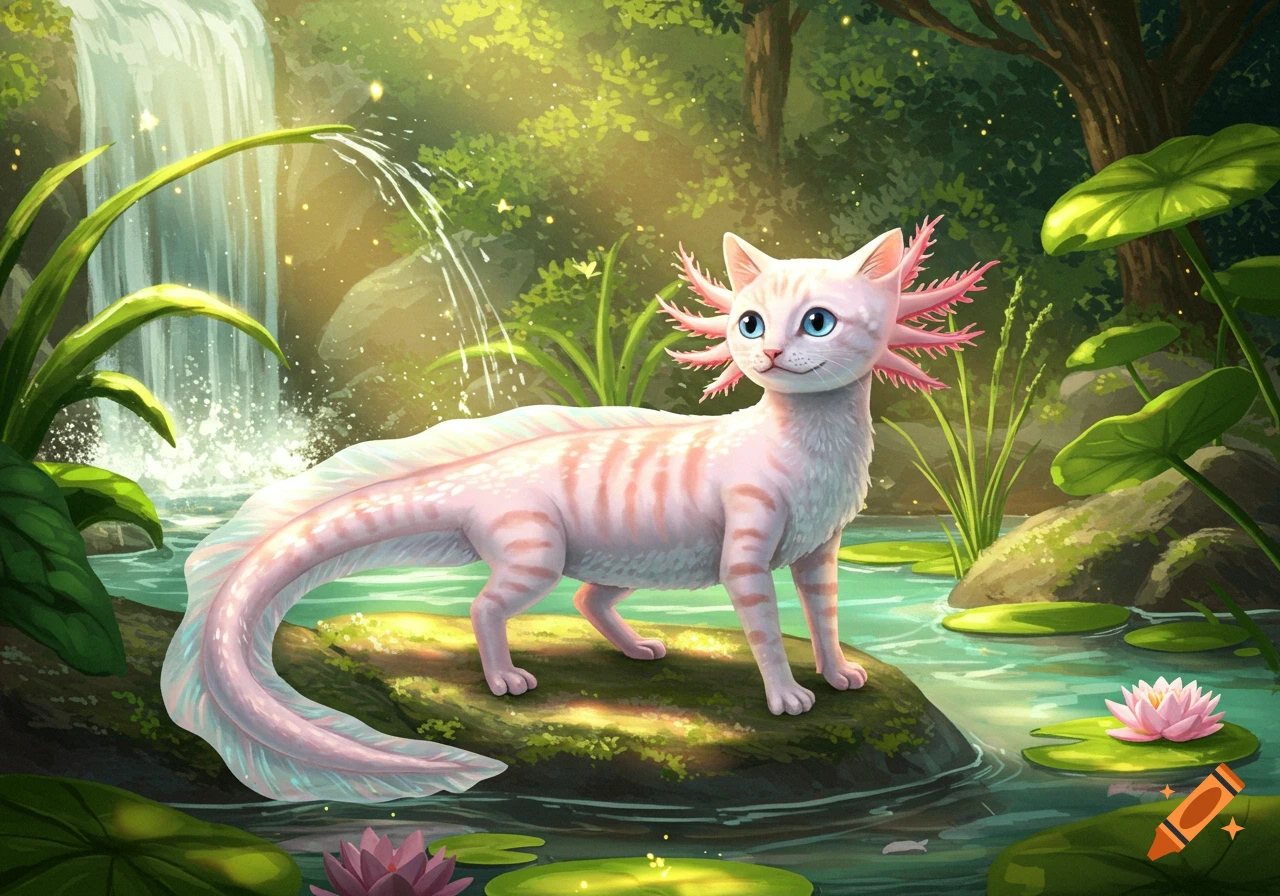 A pinkish-white striped cat-axolotl hybrid with blue eyes stands on a mossy rock in a vibrant fantasy jungle pond with a waterfall.