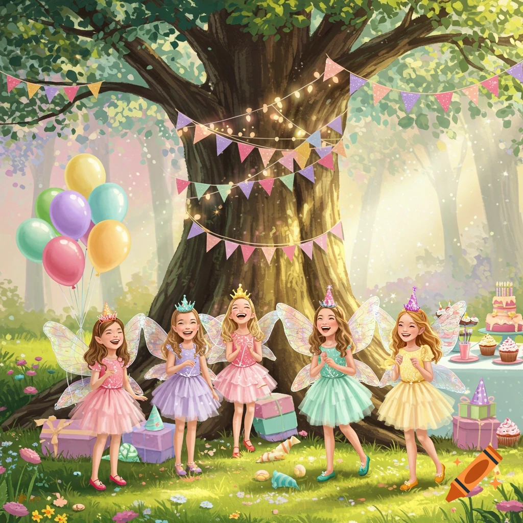 Five young girls dressed as fairies celebrate a birthday party in a magical, sunlit forest with balloons, cake, and presents.