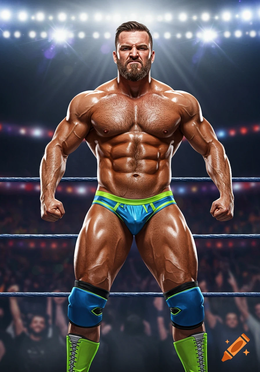 A very muscular, bearded male wrestler in blue and green briefs stands defiantly in a wrestling ring under bright spotlights, looking directly forward. Photorealistic style.