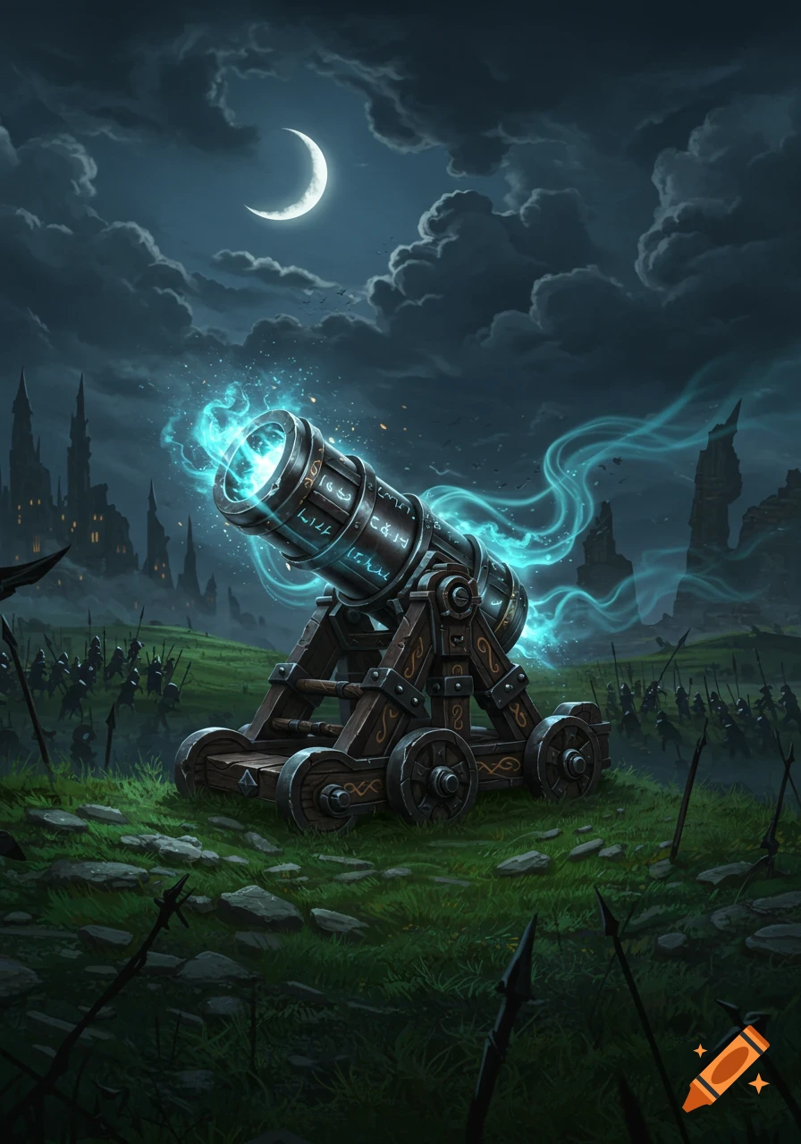 A magical siege cannon glowing blue energy on a grassy hill, with an army and castle in the background under a crescent moon.