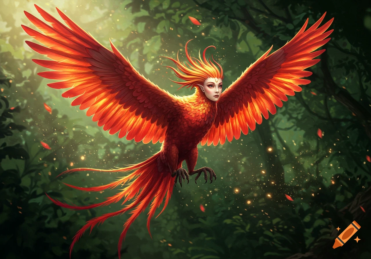 A vibrant red and orange phoenix-like bird with a human face flies through a magical forest, light sparkling around it.