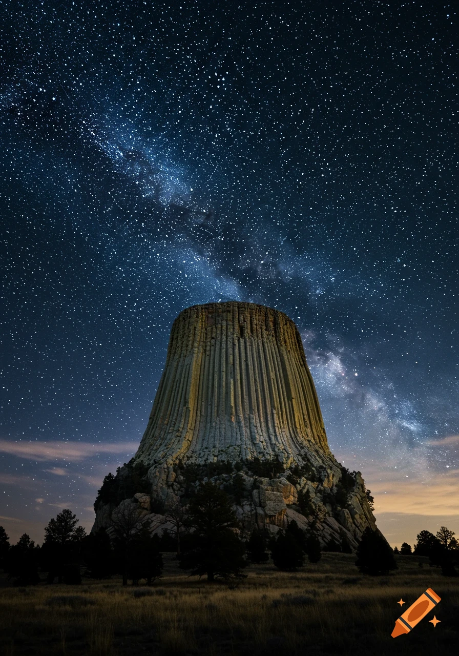 Photorealistic night view of Devils Tower under a stunning starry sky with the Milky Way visible.
