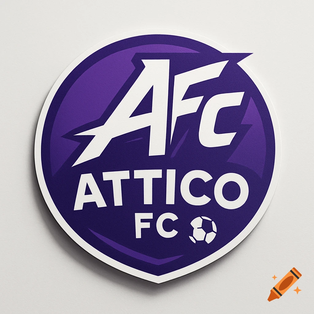 A purple and white circular logo for Attico FC, featuring the initials AFC, the name ATTICO FC, and a football graphic.