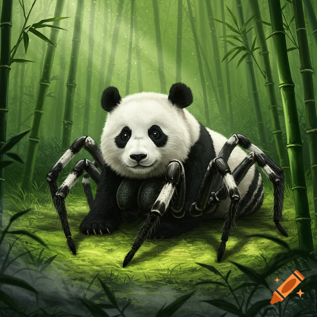 A panda with a spider body sits on a mossy forest floor in a vibrant green bamboo forest.