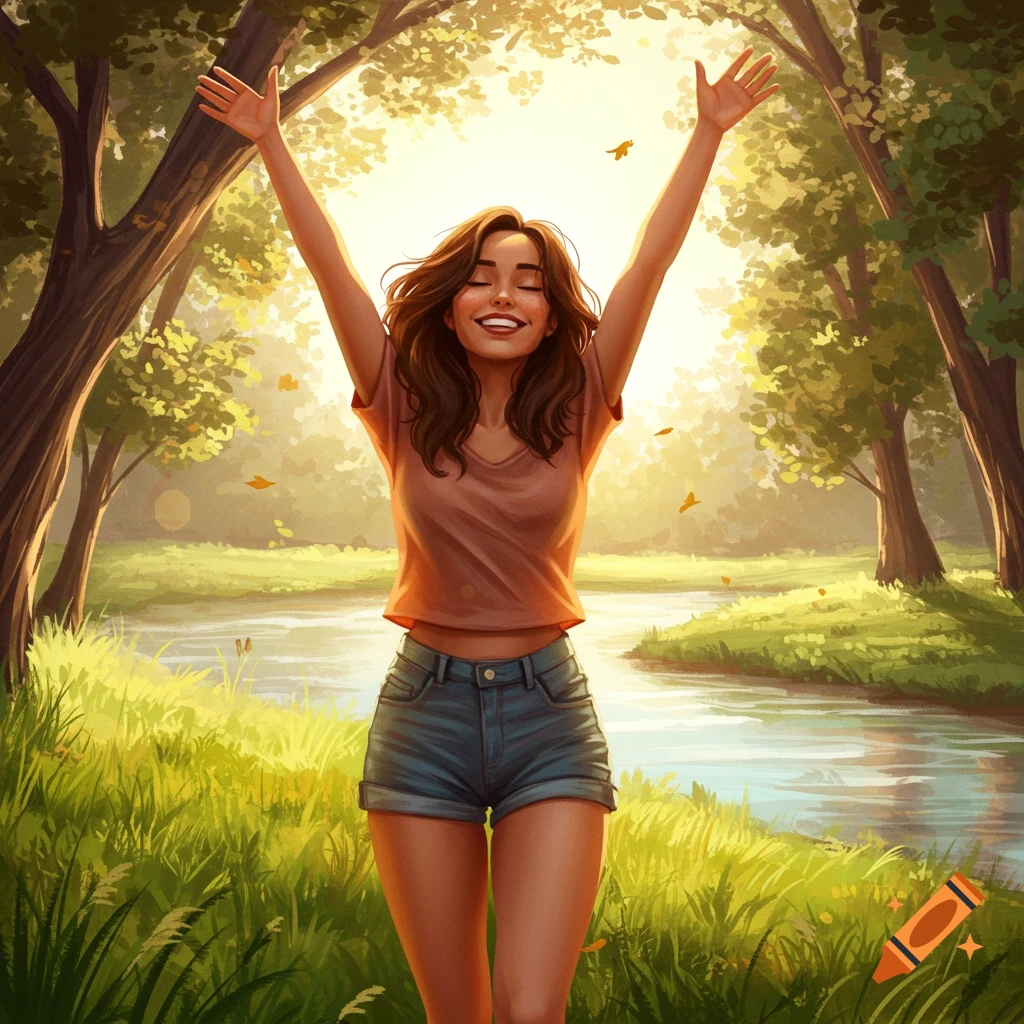 A digitally painted happy woman with arms raised, eyes closed, smiling in a sunny green park by a river.