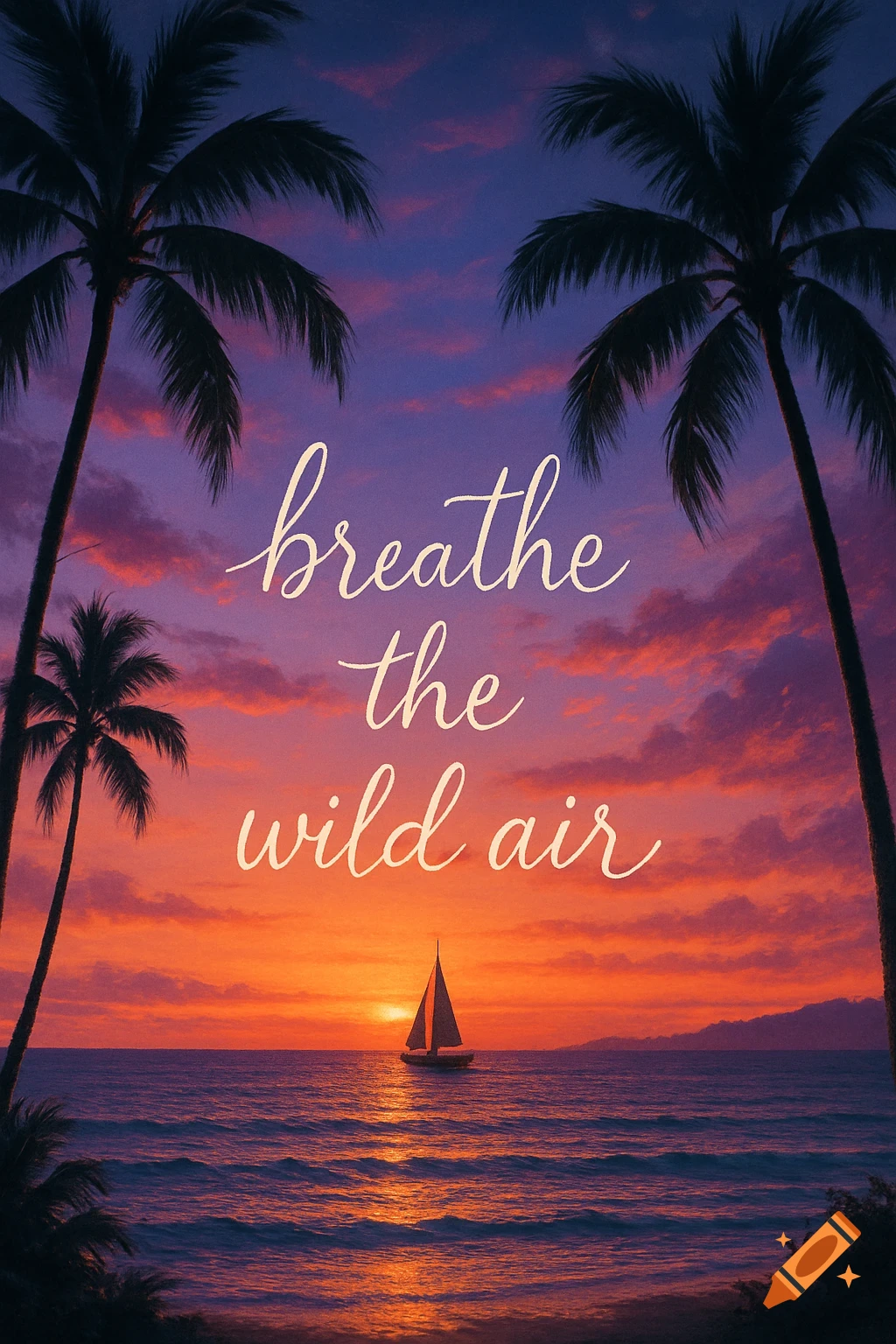 A vibrant tropical sunset over the ocean with palm trees, a sailboat, and "breathe the wild air" in script font.