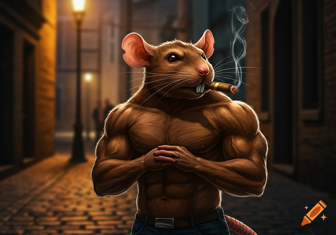 A muscular, anthropomorphic rat smoking a cigar stands on a cobblestone street at night, hands clasped.