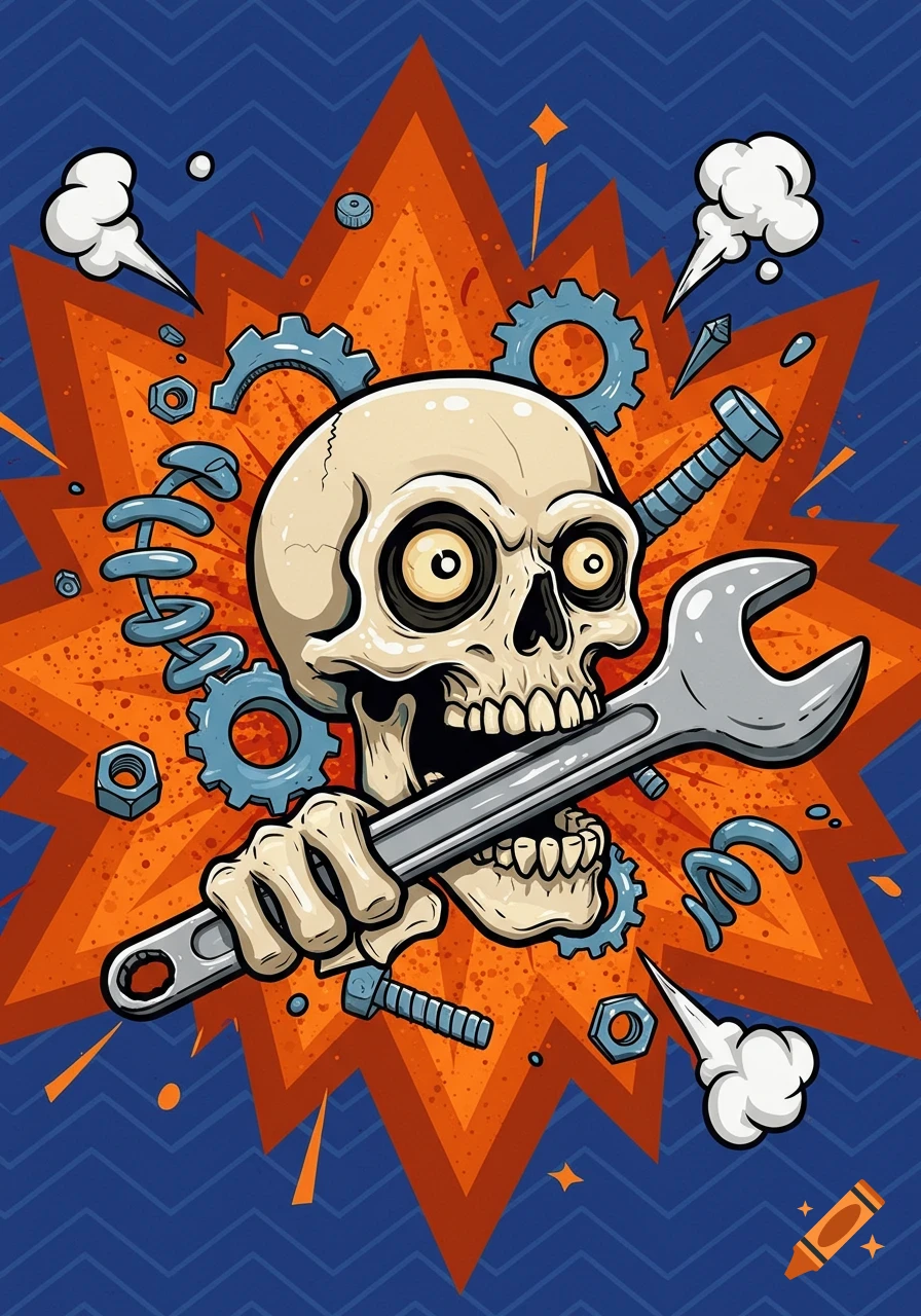 A cartoon skull with large eyes holds a wrench in its mouth, surrounded by gears, nuts, bolts, and springs against an orange explosion on a blue zigzag background.