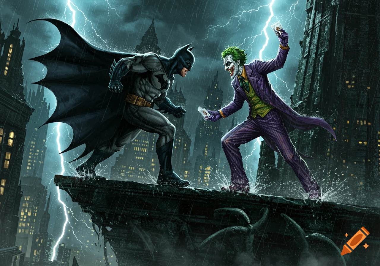 Batman and The Joker confront each other on a rainy rooftop during a lightning storm, in a dramatic comic art style.