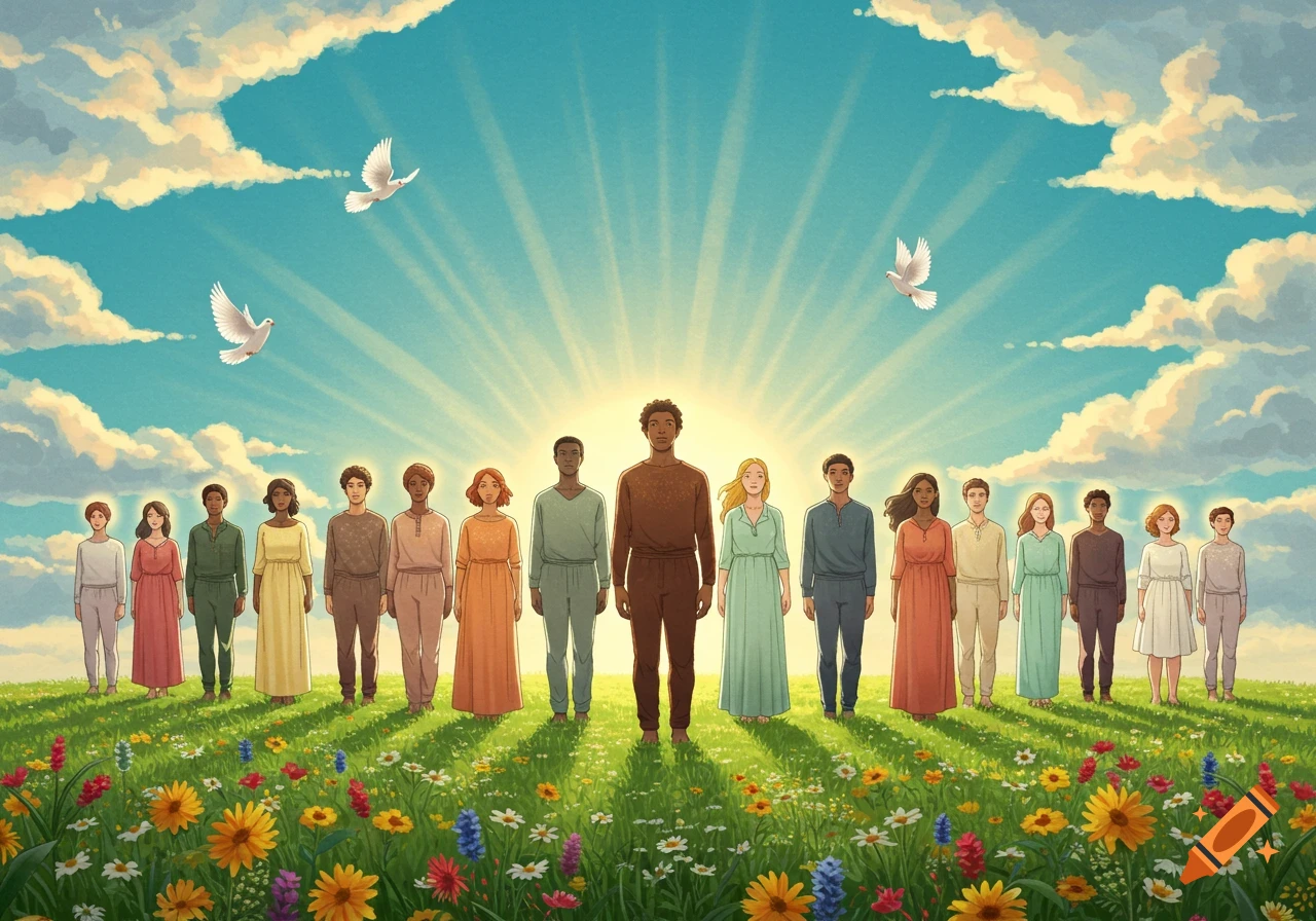 Illustration of a diverse group of people standing in a field of flowers under a sunny, cloudy sky with white doves.