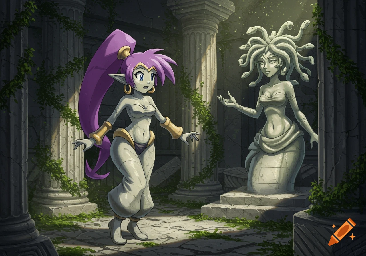 A surprised Shantae as a marble statue stands before a Medusa statue in overgrown ancient ruins, in an anime style.