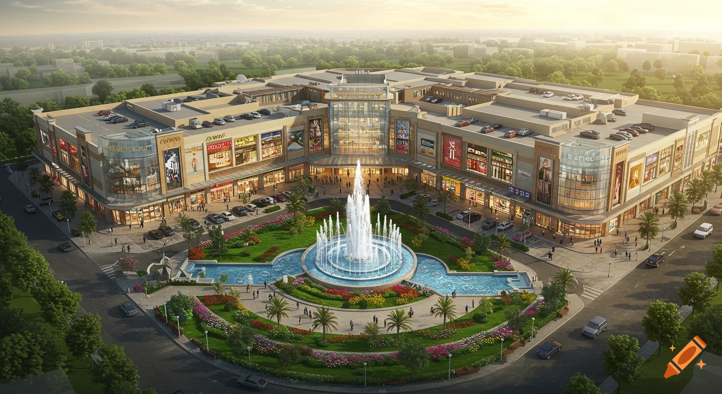Aerial view of a large, modern shopping mall with a central water fountain and landscaped entrance, surrounded by roads and trees.