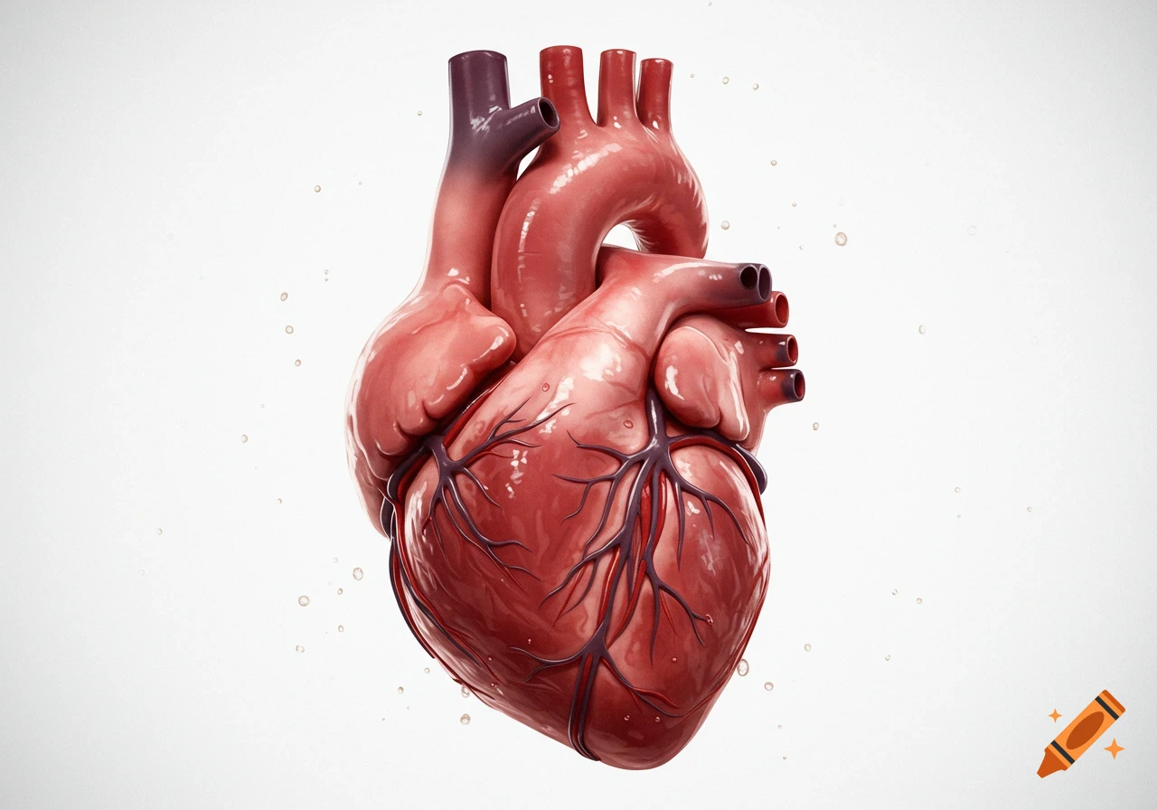 A detailed, rendered anatomical human heart with red vessels on a white background.