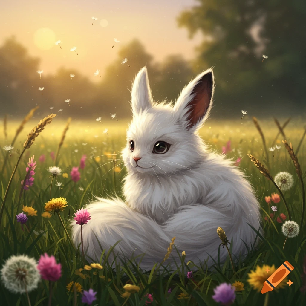 A fluffy white rabbit with big eyes sits in a vibrant field of green grass and colorful wildflowers under a golden sky with floating seeds.