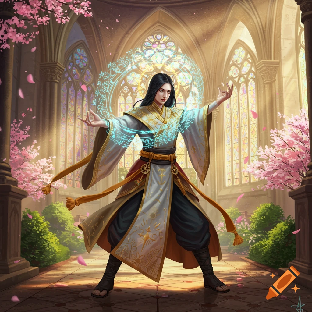 A male mage in a temple, casting a spell with glowing runes, surrounded by cherry blossoms and stained glass windows.