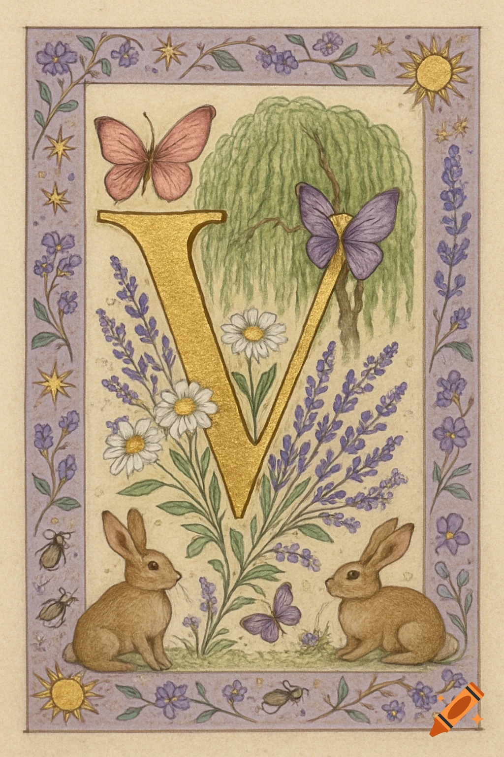 A gold illuminated letter V in medieval manuscript style, decorated with butterflies, daisies, lavender, a weeping willow, and two bunnies, framed by a purple floral border with stars and suns.