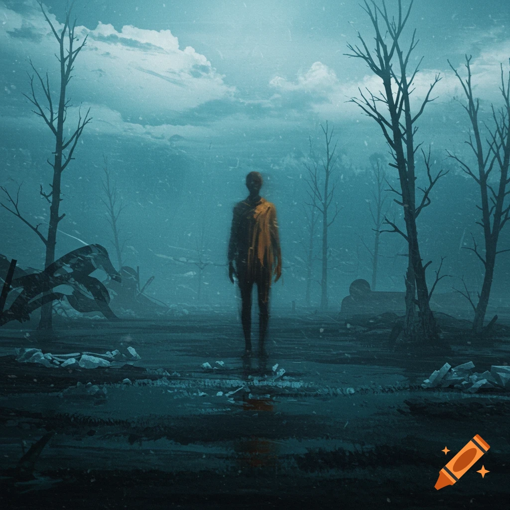A ghostly, blurred figure in an ochre tunic stands in a desolate, foggy, blue-hued landscape with bare trees and debris under a cloudy sky, in a surreal style.