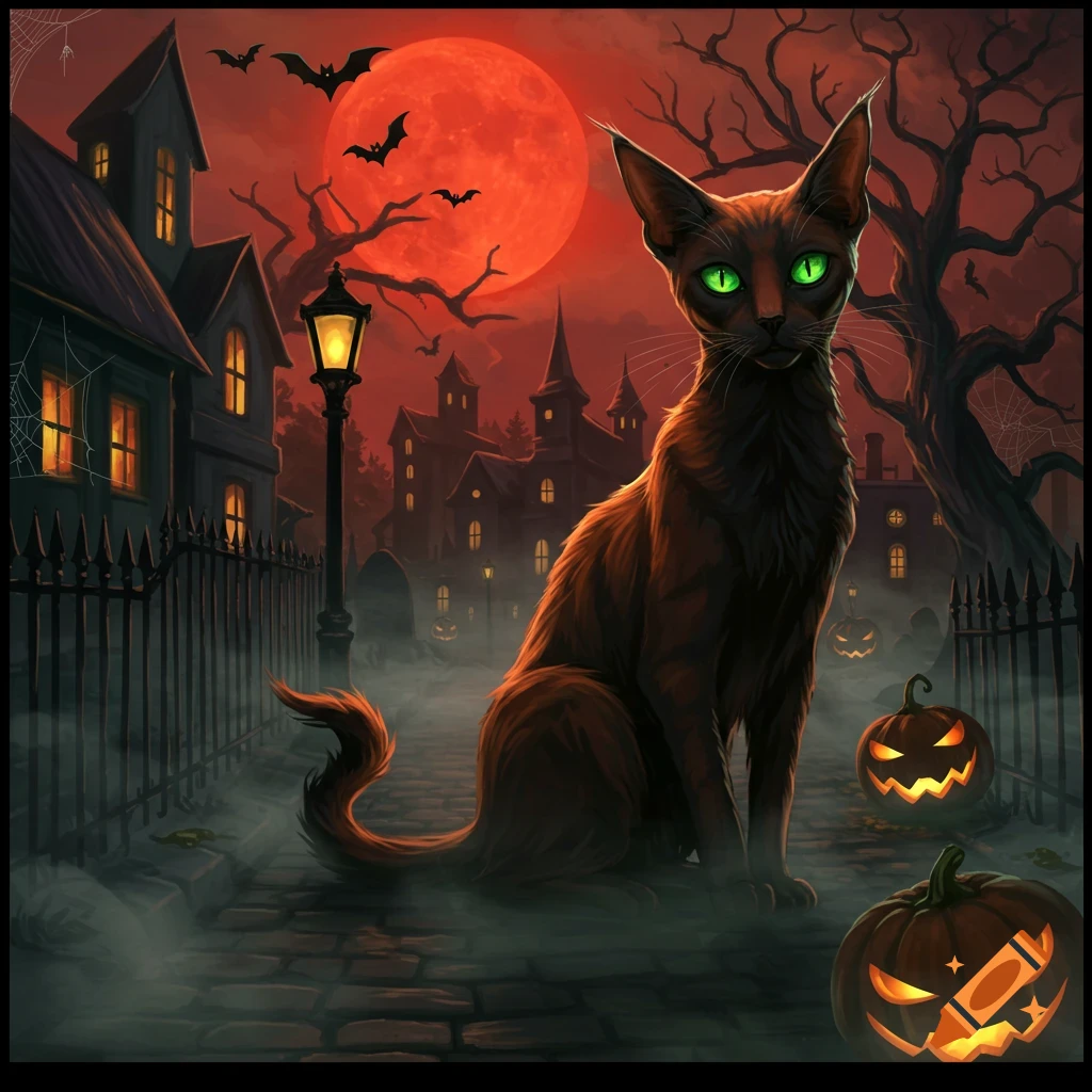 A stylized Halloween scene with a brown cat with glowing green eyes on a misty street, haunted houses, bats, and a red moon.