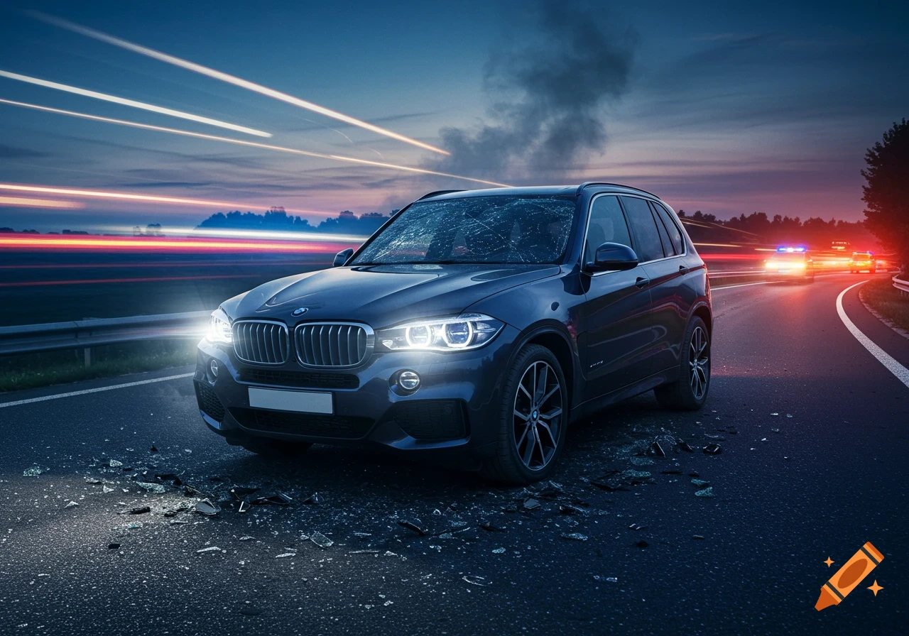 A dark blue BMW X5 SUV crashed on a highway at dusk, with a shattered windshield, debris, and police lights in the background.