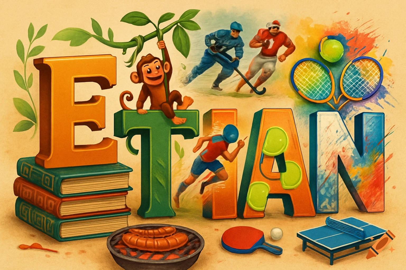 Colorful word art spelling 'ETHAN' with a monkey, books, hockey players, tennis rackets, a runner, hot dogs, and a table tennis set in an illustrative style.