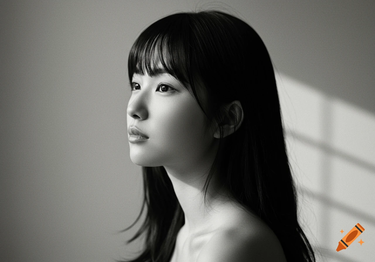 Black and white profile portrait of a young woman with bangs and bare shoulders, with window shadows on a plain background.