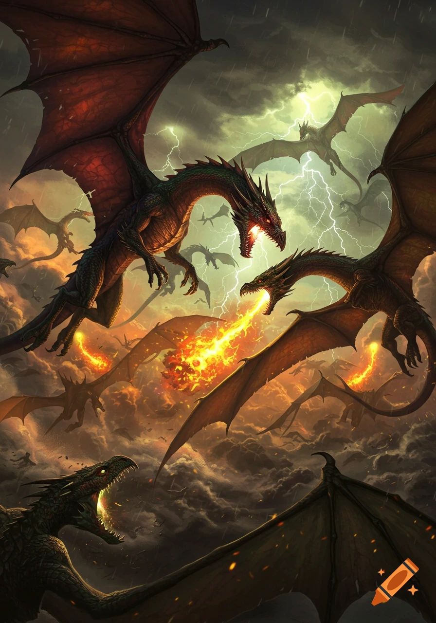 Numerous dragons battle and breathe fire amidst a stormy sky with lightning, in a dramatic fantasy art style.