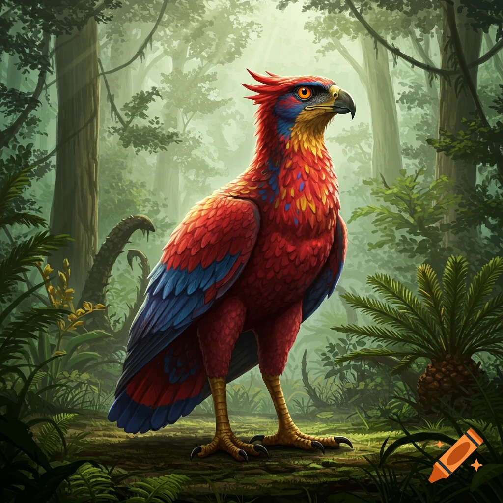 A vibrant bird with red, blue, and yellow feathers, resembling a hawk, stands on the forest floor in a lush green jungle.