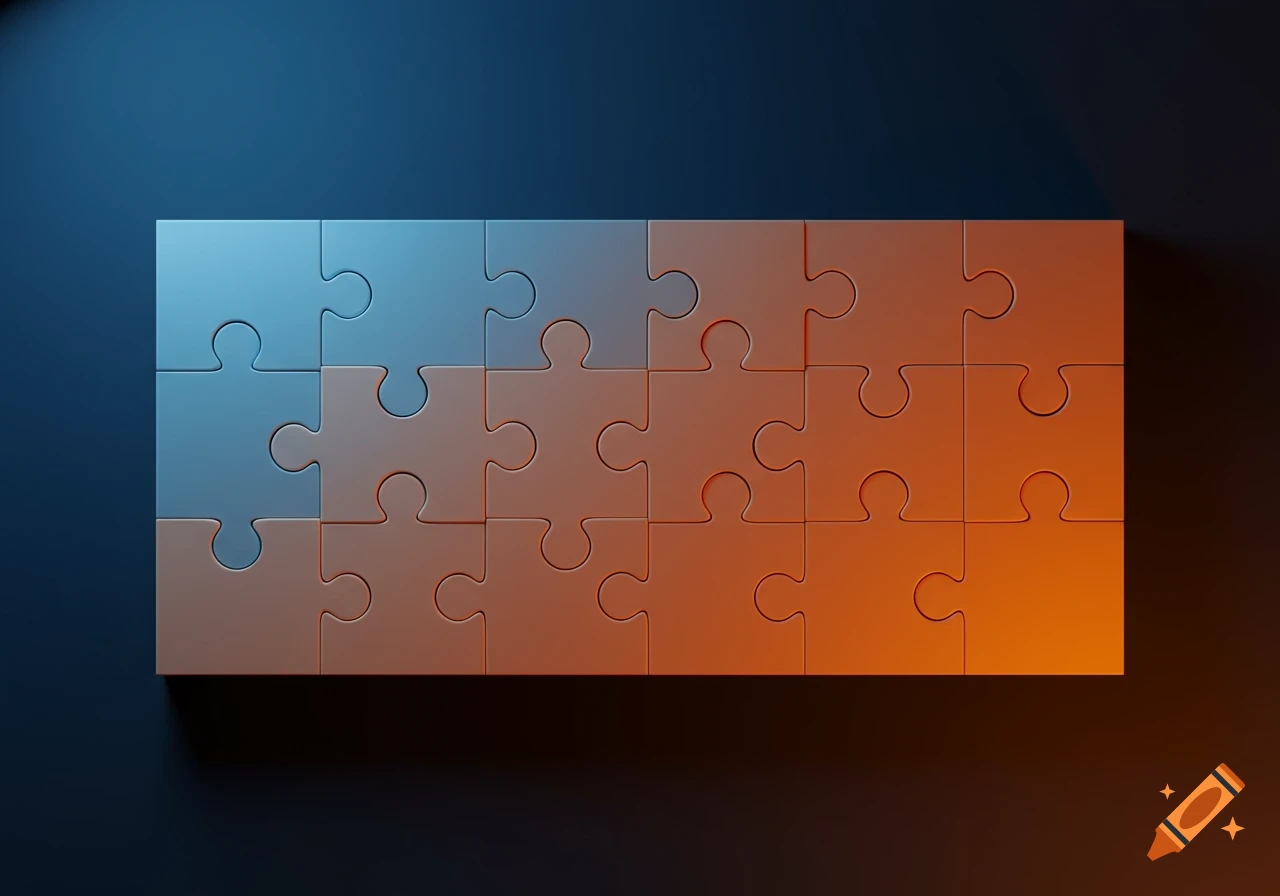 A rectangle of 12 puzzle pieces with a blue to orange color gradient, on a dark background.