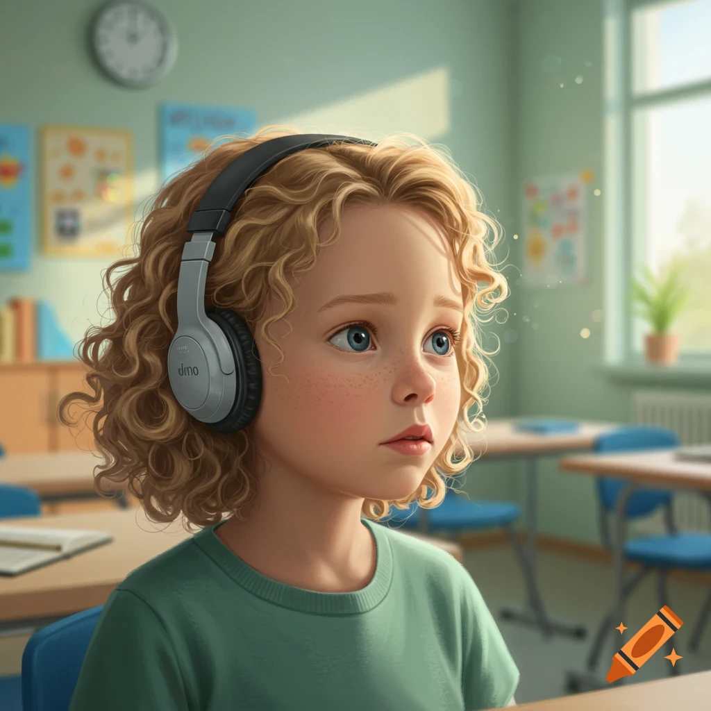 A young child with blonde curly hair wearing headphones in a classroom looks up with wide blue eyes.