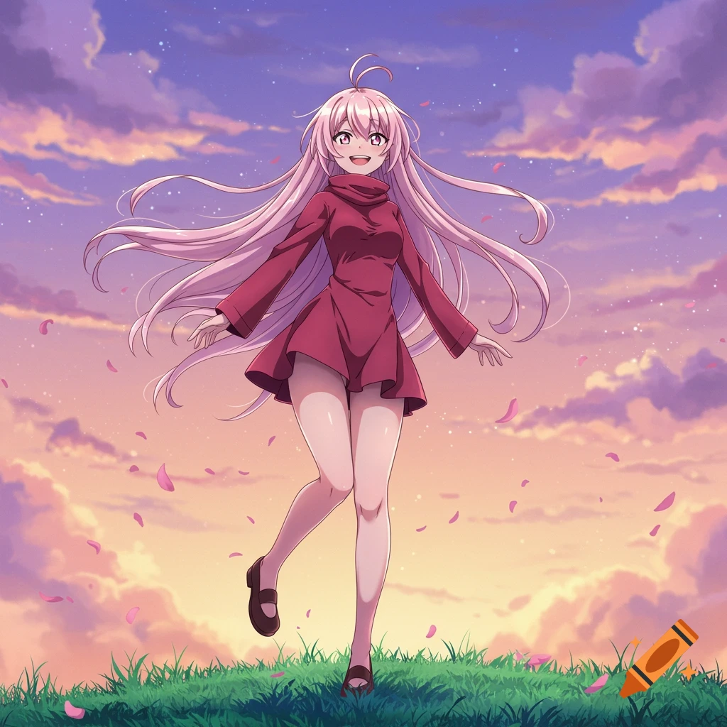 An anime girl with long pink hair in a red dress smiles, running through grass with pink petals under a vibrant sunset sky.